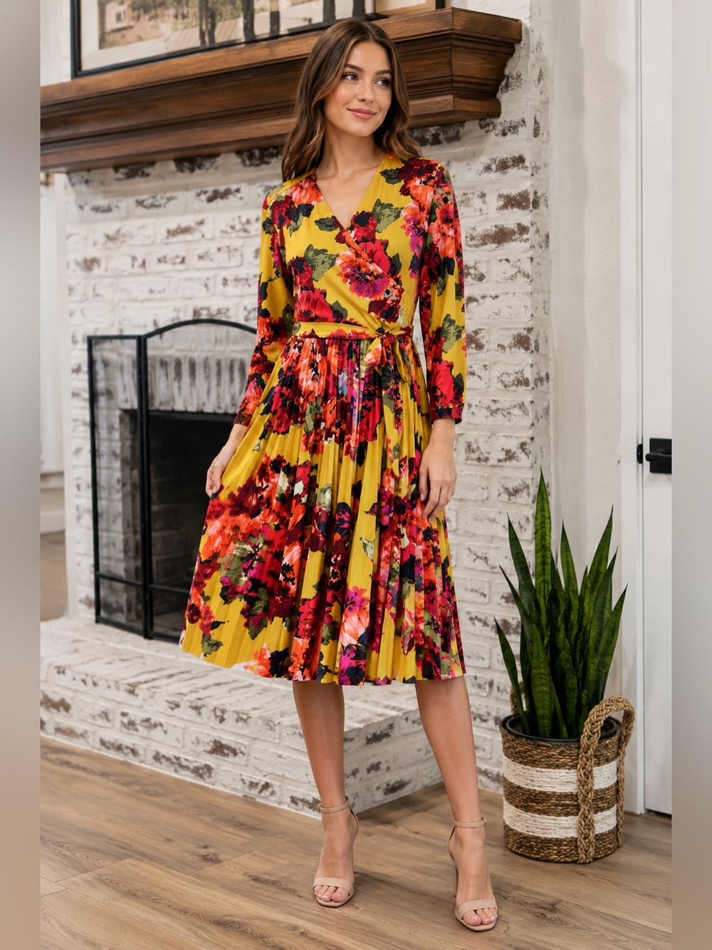 Maggy London Yellow Floral Wrap Midi Dress with Pink & Red Blooms